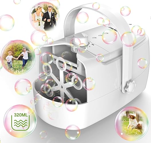 Bubble Machine Durable Automatic Bubble Blower, 18000+ Bubbles Per Minute Bubbles for Kids Toddlers Bubble Maker Operated by Plugin or Batteries Bubble Toys for Indoor Outdoor Birthday Party - White