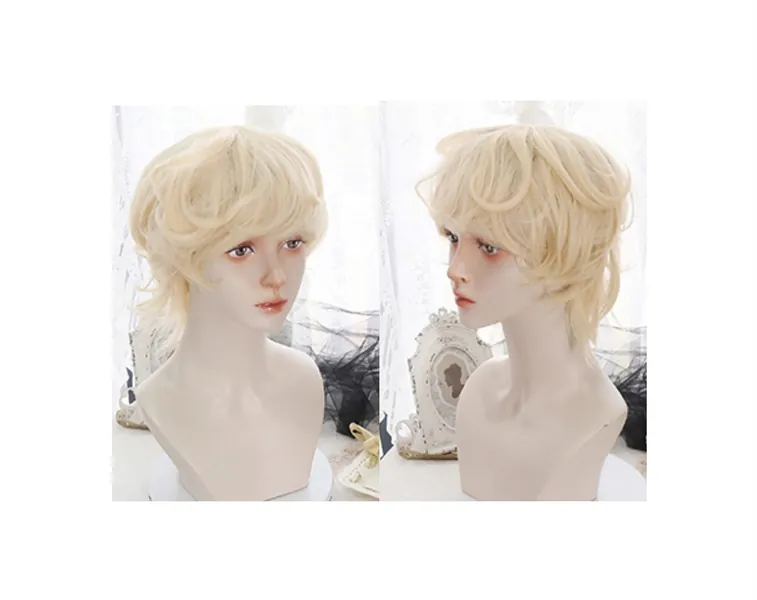 Perruque Bob naturelle bouclée bouclée avec frange, perruque ondulée courte or crème, perruque Cosplay Angel Prince d’Halloween, perruque cool pour homme, perruque résistante à la chaleur