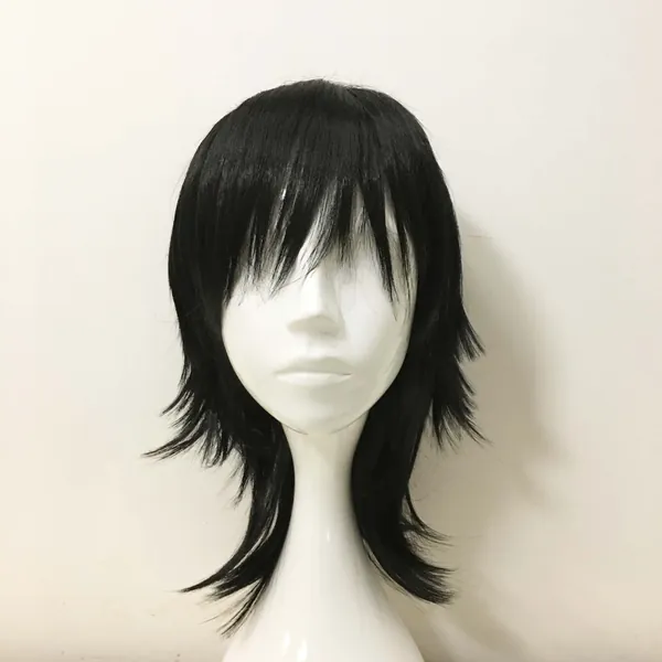 Unisexe Black Mullet Layered Fringe Bangs Medium Length Straight Cosplay Perruque