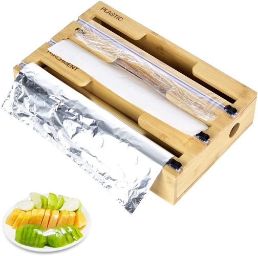 Bamboo Plastic Wrap Dispenser with Cutter, 3 in 1 Aluminum Foil and Wax Paper Dispenser for Kitchen Drawer/Wall Mount, Roll Organizer Holder, Compatible with 12" Roll (Bamboo Wood Color) - Bamboo Wood Color
