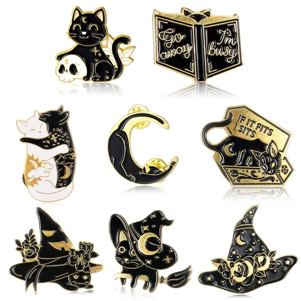 9 Pieces Cute Enamel Pins Set Cats Gothic Lapel Pins Hug Book Shape Badge Cool Horror Brooches for Valentine's Day Halloween Backpacks Clothing Bags Jackets for Women Men DIY Presents