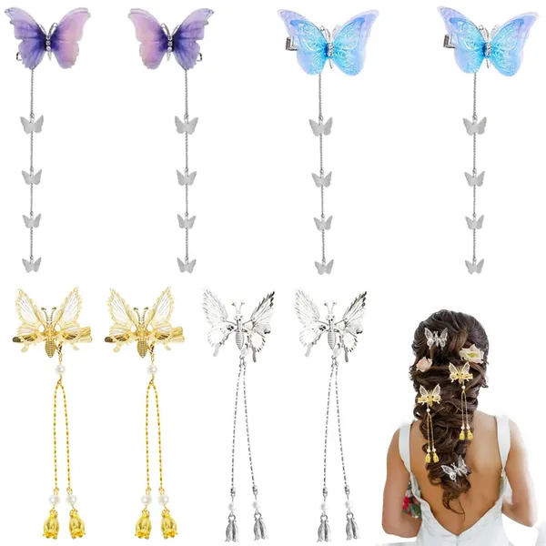 8 Pieces Tassel Butterfly Hair Clips Fabric Butterflies Hair Barrettes and Metal Hairpins with Hollow Vibratable Moving Wing Hair Pins Cute Barrettes Accessories, for Girls Teens Women - Butterfly Fringe Hair Clip