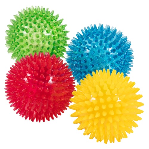 dipperdap 3.5” Spikey Dog Balls (4 Pack) Squeaky Dog Toys | Cleans Teeth for Healthier Gums | Non-Toxic BPA-Free Dog Toys for Aggressive Chewers | Spikey Balls in Red, Blue, Yellow, and Green - 4 - Pack