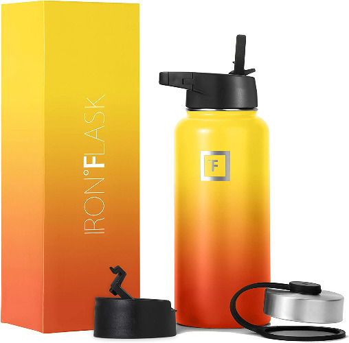 IRON °FLASK Sports Water Bottle - 32 Oz, 3 Lids (Straw Lid), Leak Proof, Vacuum Insulated Stainless Steel, Double Walled, Thermo Mug, Metal Canteen - 32 Oz Fire