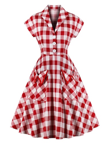 Red White 1950s Pockets Plaid Dress | Red / L