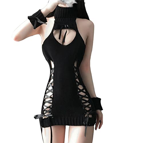 YOMORIO Womens Anime Virgin Killer Sweater Japanese Turtleneck Knitted Underwear Backless Pullover - One Size - Black