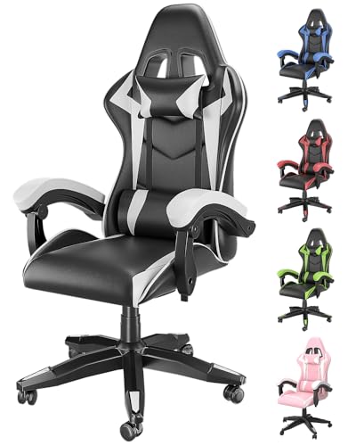 Racingreat gaming chair office chair, Headrest&Lumbar Pillow, PU Leather Ergonomic Office Chair Computer Chair for Gamer Office Home Adult Teenager (White) - White