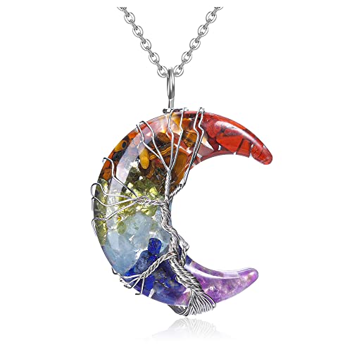CrystalTears Crystal Moon Necklace for Women Natural Healing Crystal Gemstone Pendant Necklace Adjustable Quartz Crystal Stone Necklace Jewelry Valentines Gift for Women Her Girlfriend Wife - B-chakra