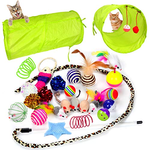 Youngever 24 Cat Toys Kitten Toys Assortments, 2 Way Tunnel, Cat Feather Teaser - Wand Interactive Feather Toy Fluffy Mouse, Crinkle Balls for Cat, Puppy, Kitty, Kitten - Multicolor