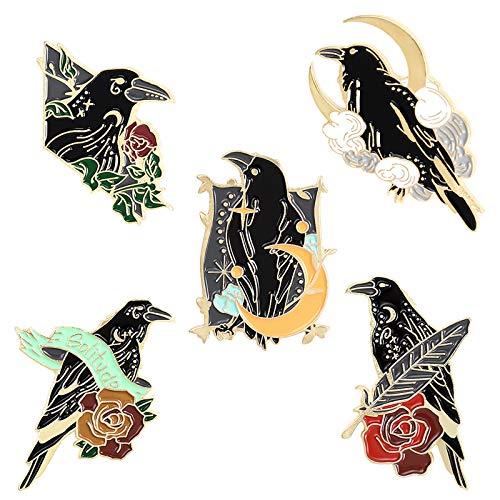 Black Crow Enamel Pins Set Art Rose Moon Lapel Pin Cute Aesthetic Badges for Children Women Backpack Shirt Denim Bag - 5pcs