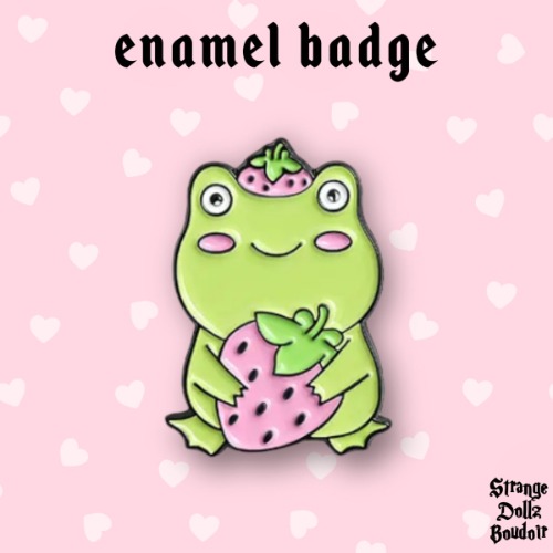 Cute Frog and Strawberry enamel badge pin, Pastel Cute, Strange Dollz Boudoir