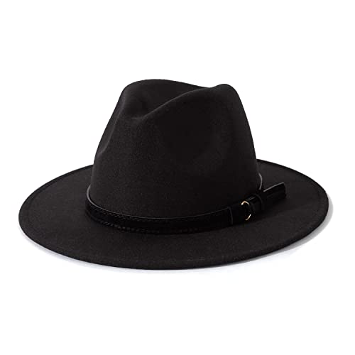 Lisianthus Men & Women Vintage Wide Brim Fedora Hat with Belt Buckle - Large - Z Black Belt-black