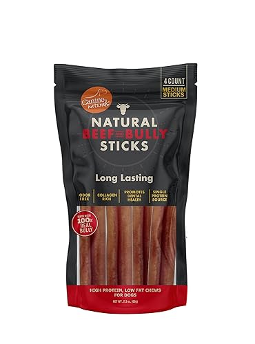 Canine Naturals | Natural Beef & Bully Sticks | Long-Lasting, Odor Free, High Protein Chews Made with 100% Real Bully | 4 Count Medium Sticks
