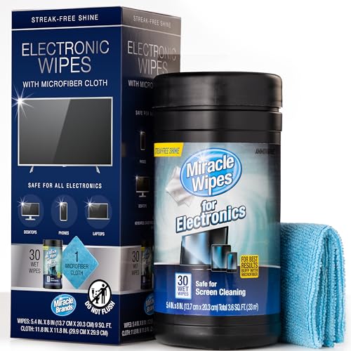 MiracleWipes for Electronics Cleaning - Screen Wipes Designed for TV, Phones, Monitors and More - includes Microfiber Towel - (30 Count) - 30 Count (Pack of 1)