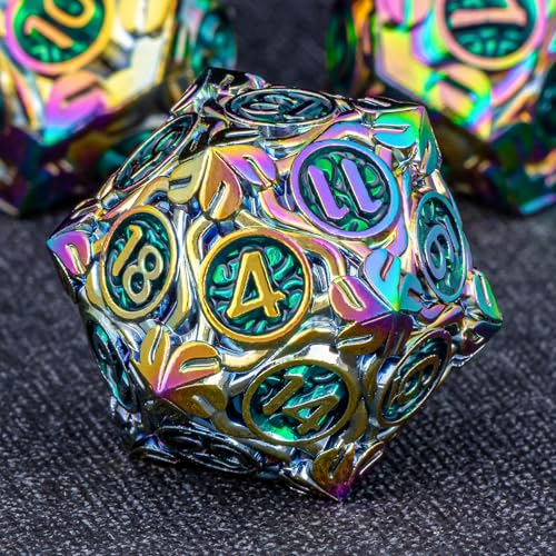 KERWELLSI Nature Vines Leaf Metal DND Dice Set, 7Pcs Rainbow Green Dungeons and Dragons Dice Set D&D with Box, Polyhedral RPG D and D Role Playing Game Dice D20 D12 D10 D8 D6 D4 - Colorful Green