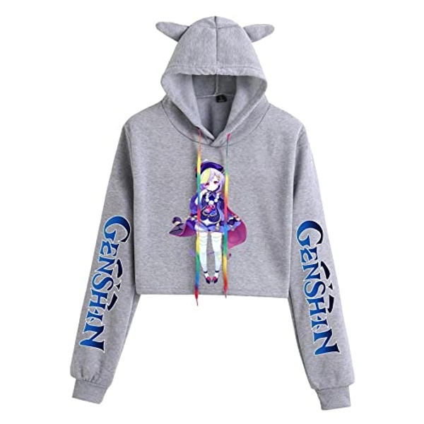 Genshin Impact 3D Printed Qiqi&Diluc&Klee Bunny ears hooded Long Sleeved Sweatshirt Midriff Baring with multicolored rope - Qiqi - XX-Small - Gray
