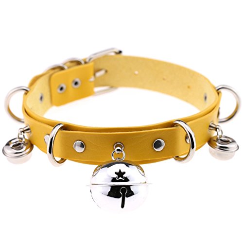 FM FM42 Multicolor PU Simulated Leather Black-tone Silver-tone 4cm Large Bell Rivets Neckband Choker Necklace - Silver-tone Bell & Yellow