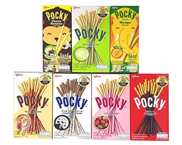 Glico Pocky Biscuit Stick 7 Flavor Variety Pack (Pack of 7) Pocky Chocolate, Strawberry, Matcha Green Tea, Cookies & Cream , Almond , Mango and Choco Banana