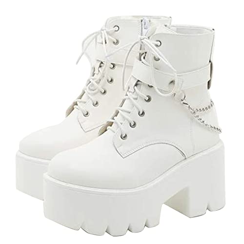 CYNLLIO Fashion Block Heel Platform Combat Ankle Booties Women's Lace up Studded Motorcycle Boots Mid Calf Boots - 8 - 94-1 White