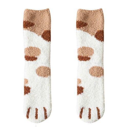 Kawaii Warm Cat Paw Fuzzy Socks - 1 x Brown Calico