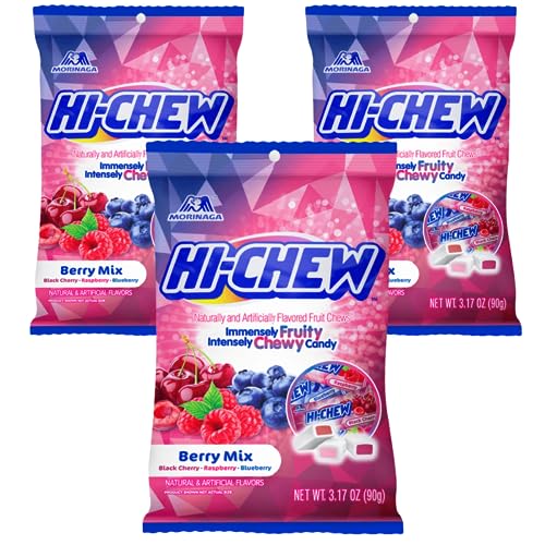 Hi Chew Japanese Candy Berry Mix - Black Cherry, Raspberry, and Blueberry, Candies Taffy Chewy Pack of 3