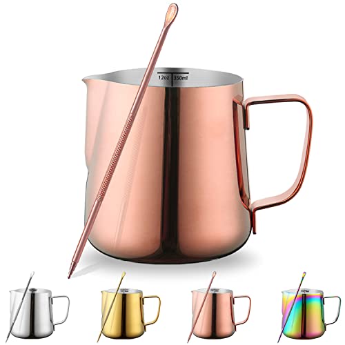 Milk Frothing Pitcher 12oz - 350ml, Kyraton Stainless Steel Espresso Steaming Pitchers with Decorating Pen,Milk Coffee Frother Cups Cappuccino Latte Art Barista Steam Pitchers Milk Jug Cup (Rose Gold) - 4.Rosegold 12oz