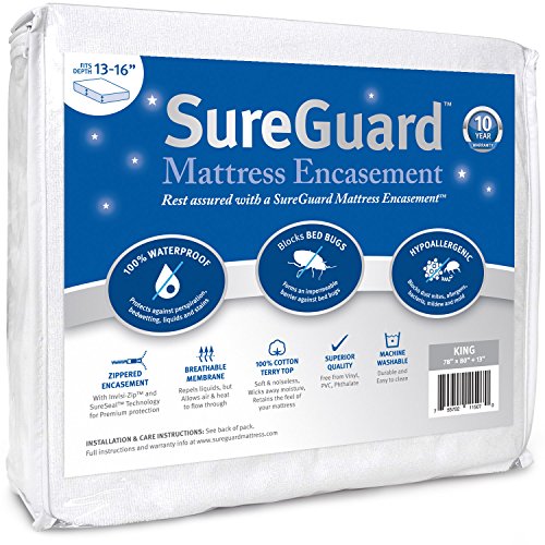 King Size SureGuard Mattress Encasement - 100% Waterproof, Bed Bug Proof, Hypoallergenic - Premium Zippered Six-Sided Cover - 17-20" Deep - King