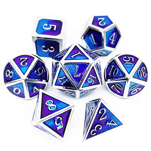 Haxtec DND Metal Dice Set of 7 Die for Dungeons and Dragons Roleplaying Games-Silver Blue Purple Metal Dice - Silver Blue Purple