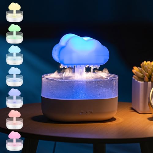 Rain Cloud Humidifier for Bedroom Large Room Air Humidifiers Mushroom Humidifier Waterfall Lamp Essential Oil Diffuser 7 Colors Lights Water Drip Humidifier for Sleeping Relaxing Auto Shut-Off (White) - White