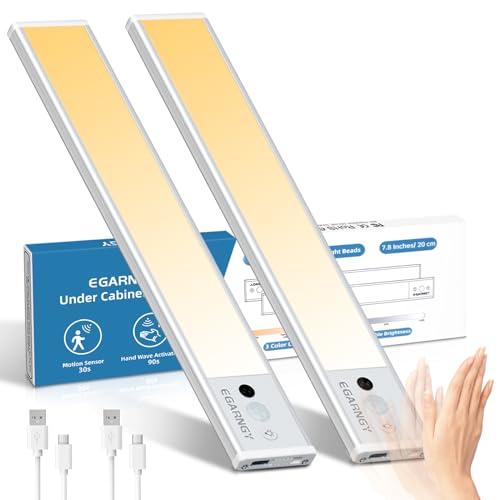 Under Cabinet Lighting Wireless for Kitchen - 72 LEDs/3 Colors/Hand Wave/Motion Sensor Under Cupboard Kitchen Lights - Counter Lighting with 1100mAh Battery Rechargeable for Cupboard, Hallway(2 Packs) - 2 Packs(20cm)