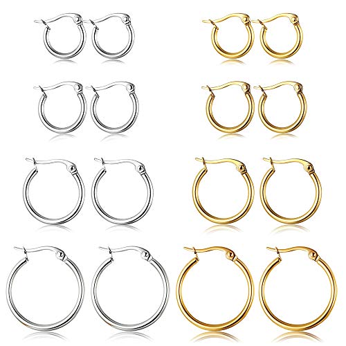 ORAZIO 4 Pairs Stainless Steel Hoop Earrings Set Cute Huggie Earrings for Women,10MM-20MM - E: Silver-tone,4 pairs,Gold-tone,4 pairs