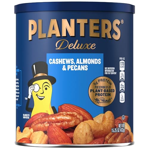 PLANTERS Deluxe Cashews, Almonds & Pecans, Party Snacks, Plant-Based Protein, 15.25 Oz Canister - Deluxe - 15.25 Ounce (Pack of 1)