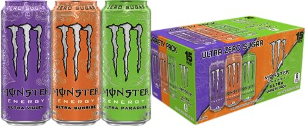 Monster Energy Ultra Variety Pack, Ultra Violet, Ultra Sunrise, Ultra Paradise, Sugar Free Energy Drink, 16 Ounce (Pack of 15)