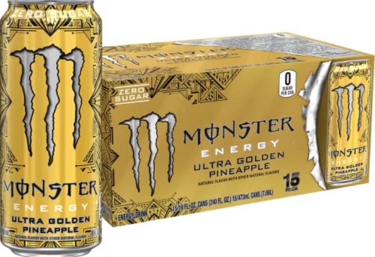 Monster Energy Ultra Golden Pineapple, Sugar Free Energy Drink, 16 Ounce (Pack of 15) - Ultra Golden Pineapple - 15 Pack