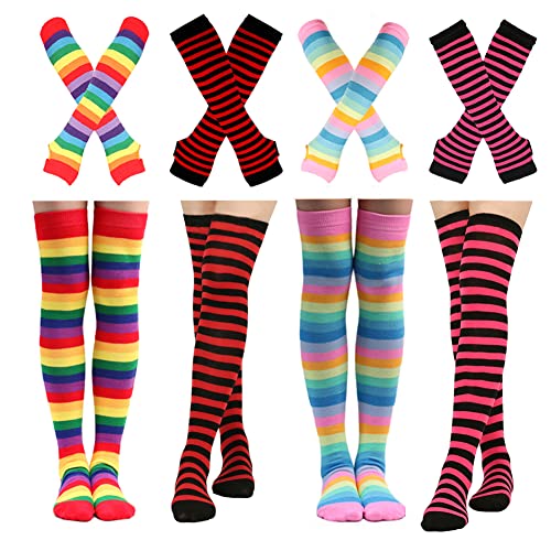 Barrlves 2/4 Sets Womens Striped Knee High Socks Long Knitted Arm Warmers Fingerless Gloves for Halloween Costume - 4sets Striped Rainbow Red+rainbow Pink+red+rose