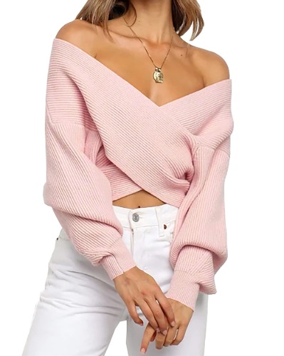BTFBM Women Casual V Neck Long Sleeve Sweaters Cross Wrap Front Off Shoulder Asymmetric Hem Knitted Crop Solid Pullover - Solid Pink 
