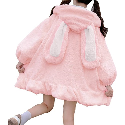 Lolita Dress Kawaii Soft Plush Hoodie Coats for Women Teens Girls Rabbit Bunny Ears Long Sleeve Loose Jacket Outwear - Pink 