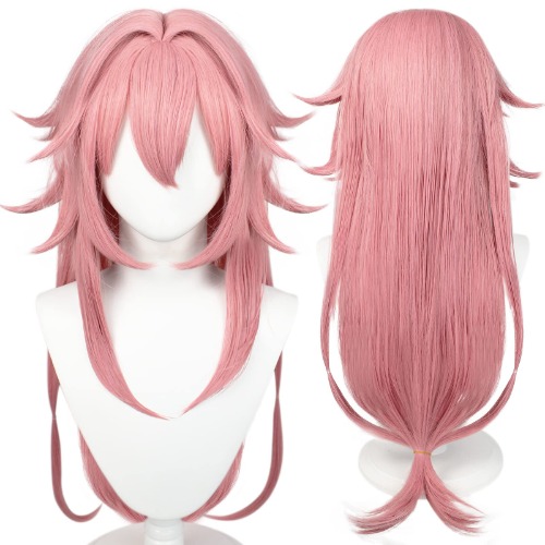 Anogol Hair Cap+ Yae miko Genshin Impact Dark Pink Wigs Long Curly Synthetic Hair With Bangs Fringe Hairstyles For Anime Cosplay - Pink