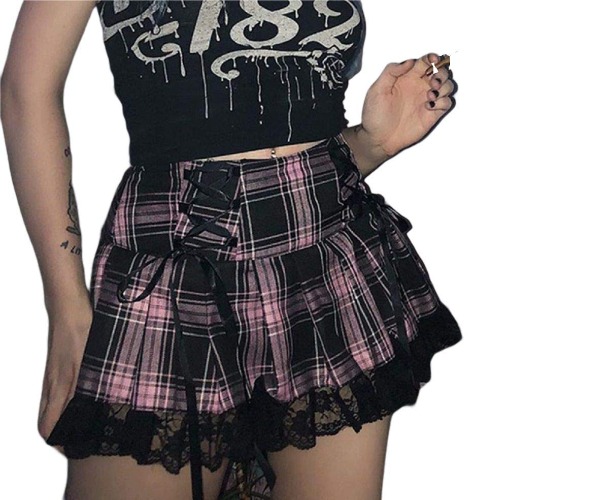 Sexy Women Lace Patchwork Mini Pleated Skirts High Waist Goth Y2k Skirt Punk Dark Academia Aesthetic E Girl Clothing - Plaid Pink 