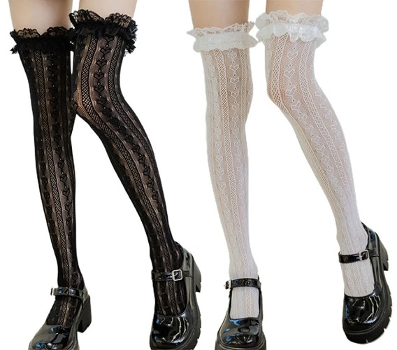Lolita Lace Thigh High Socks Stockings for Girls Women Ruffle Fishnet Mesh Sexy Gothic Knee High Long Tall Socks - Thigh High Socks White Black