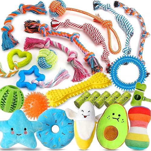Zeaxuie 25 Pack Luxury Dog Chew Toys for Puppy, Dog Toys with Ropes Puppy Chew Toys, Treat Ball and Squeaky Puppy Toys for Teething Small Dogs - 25 Pack (Value-Toys)