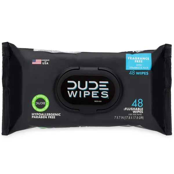 DUDE Wipes Flushable Wipes 48 Count Dispenser, Unscented Wet Wipes with Vitamin-E & Aloe for at-Home Use, Septic and Sewer Safe