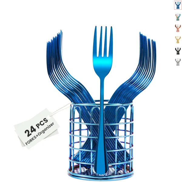 Blue Dinner Forks with Candy Organizer, Silverware Forks Set of 24 Pieces, 6.8 inch Stainless Steel Cutlery, Mirror Polish Kitchen Utensils, New Appartment Essential Tableware - Blue