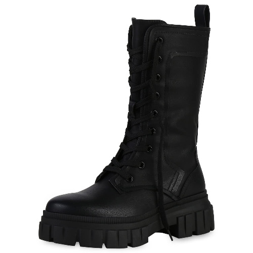 VAN HILL Damen Schnürstiefel mit Blockabsatz Plateau - 39 EU Schwarz