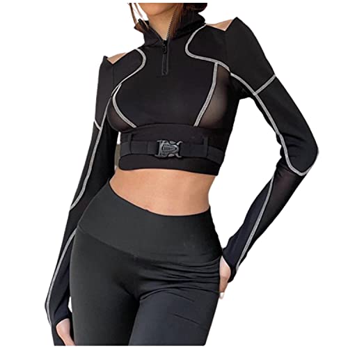 Womens Goth Dark Techwear Buckle Crop Top Gothic Hollow Out Long Sleeve Tees Alt Emo Clothing Korean Hip Hop Streetwear - Small - A