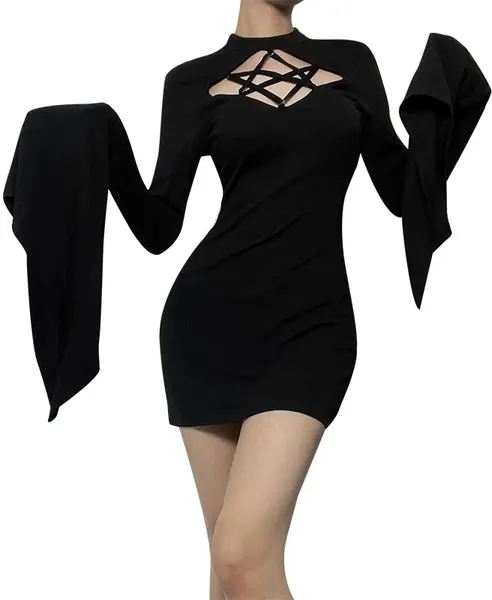 Lace Long Sleeve Dress Black Draped Bodycon Goth Vintage Dresses - Large F-black