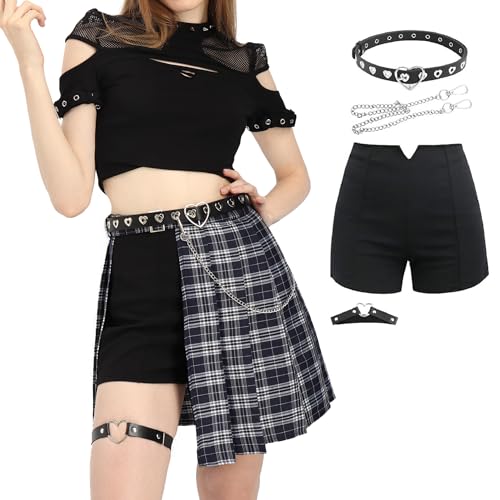 PROCOS 5 PCS Women's Punk Skirt with Shorts Asymmetrical Skirt High Waist Plaid Pleated Goth Mini Skirt - X-Large - Blue Plaid