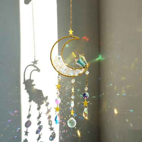 Opal Moon Crystal Suncacher - Sun Catchers Indoor Window Prism Moon Mini Dream Catcher Wind Chimes Crystals and Healing Stones Suncatcher Rainbow Maker Garden Tree Decorations Outdoor - Moon Opal