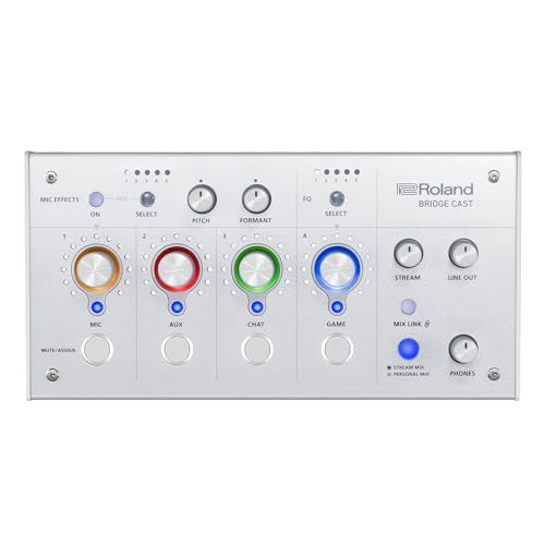 Roland BRIDGE CAST Dual Bus Gaming Mixer in Ice White | Pro Audio Streaming Interface and Mixer for Online Gamers | 32-Bit Hardware DSP | USB-C Windows and Mac Connectivity | XLR Input for Microphones - white