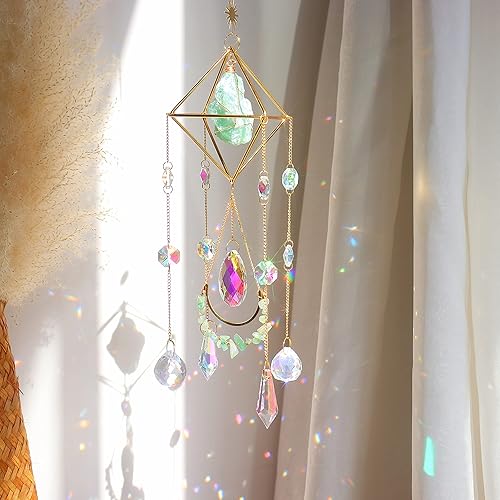 Green Fluorite Crystal Suncatcher Window Hanging Pendant Glass Prisms Decor Wind Chime Rainbow Sun Catcher for Home Garden Porch - Green Fluorite